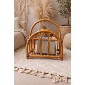 Vintage Rattan Magazine Rack Boho Bamboo Book Holder | Mid-Century Coastal Décor